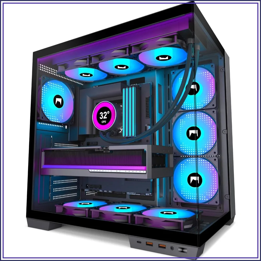 

ATX PC Case with 7 PWM ARGB Fans, Dual Cavity Mid-Tower, Type-C, Supports 3X 360mm Radiators (Black)