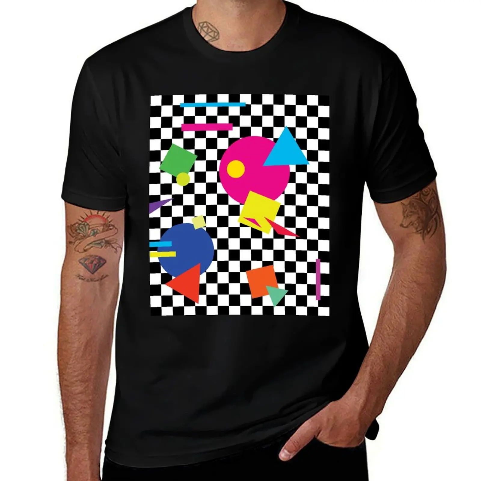

Retro Classic 1980s Shapes On Black and White Check - Retro Shapes #1 T-Shirt quick drying for a boy mens tall t shirts