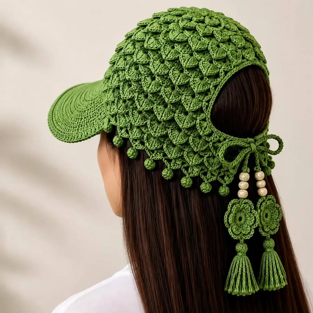 Bohemian Crochet Baseball Cap for Women Hollow Knitted Sun Hat with Tassels Boho Crochet Baseball Cap with Tassels for Summer