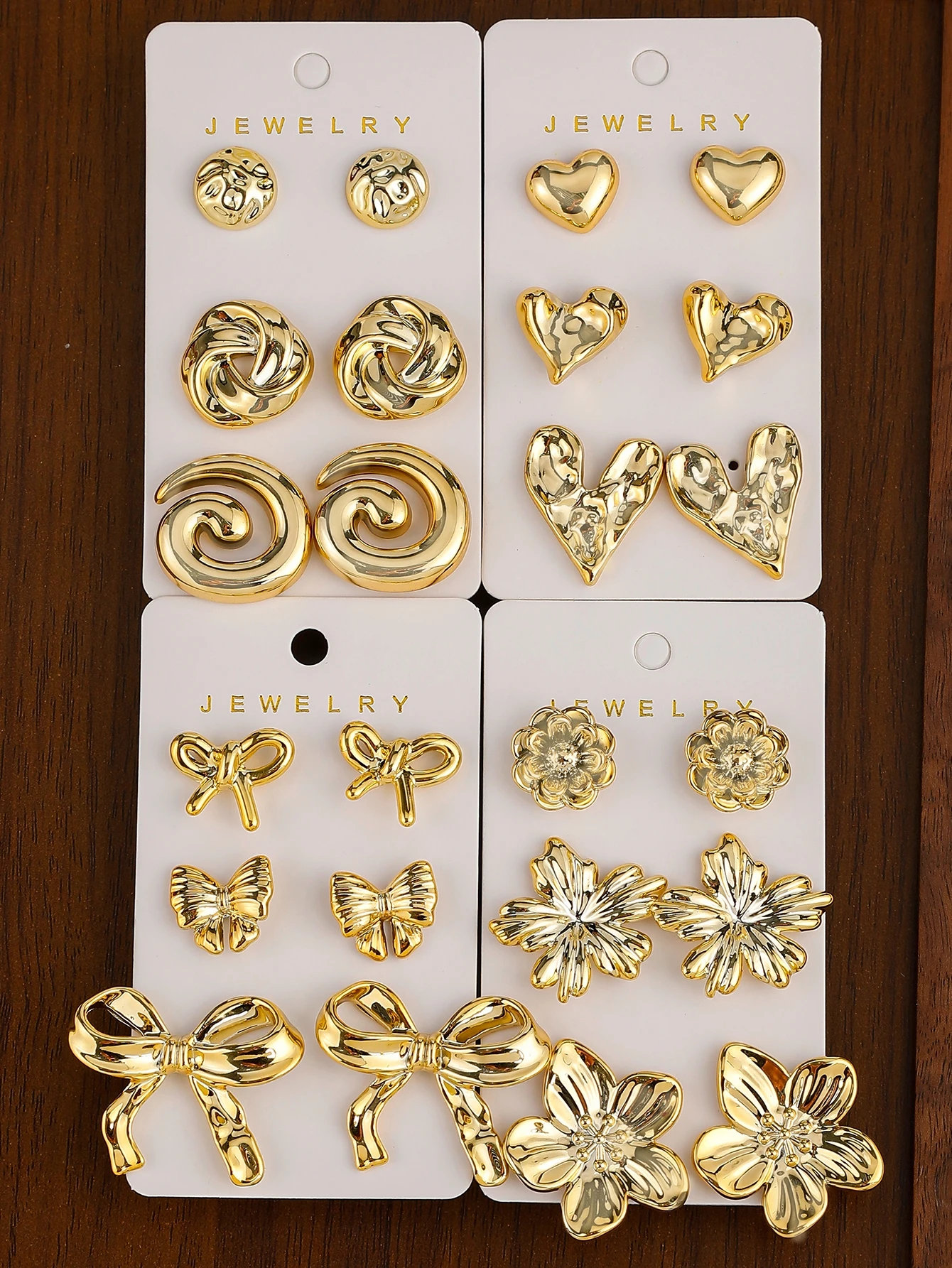 3-12pairs Fashion Classic Design,Plastic Material,Heart&Bow&Flower Shaped Golden-plated Earrings, Super Cute And Minimalist