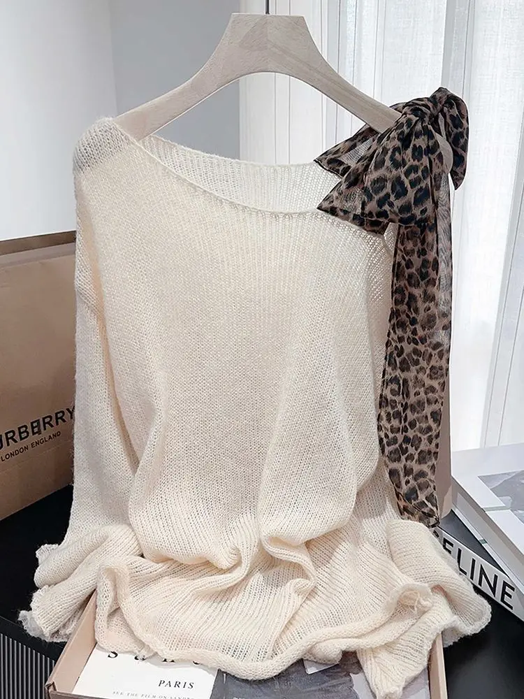 

Gagarich Ленивый свитер с диагональными плечами, осенний стиль, выдолбленный ретро леопардовый принт, узл-бабочка, дизайн, повседневный топ