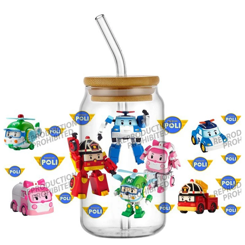 Robocar Poli мультяшный узор УФ DTF переводная наклейка водостойкие переводные наклейки для 16 унций наклейки на стеклянную чашку
