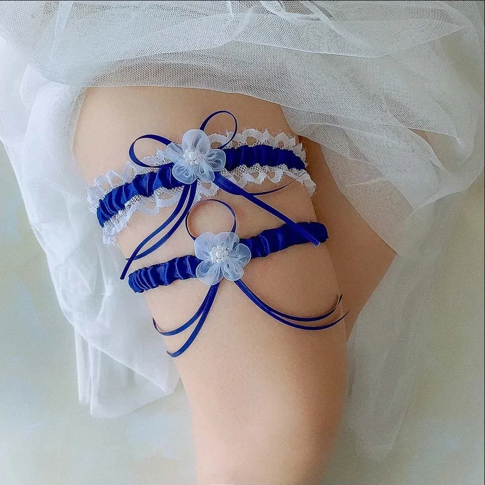 

2pcs/Set Satin Ribbon Wedding Bridal Garter Belt Elastic Bowknot Prom Garters for Bride Pearls Thigh Garters