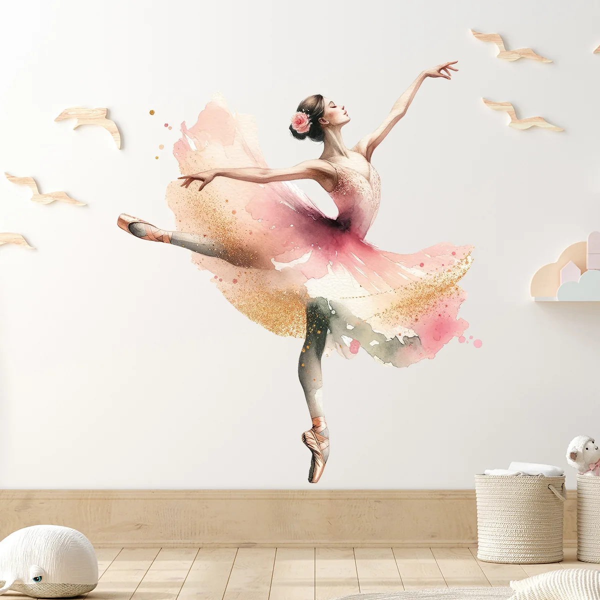 Beautiful Ballerina Girl Self-adhesive Wall Sticker Ballet Girl Dancer Art Wallpaper for Girls Room Dance Room Home Wall Decor