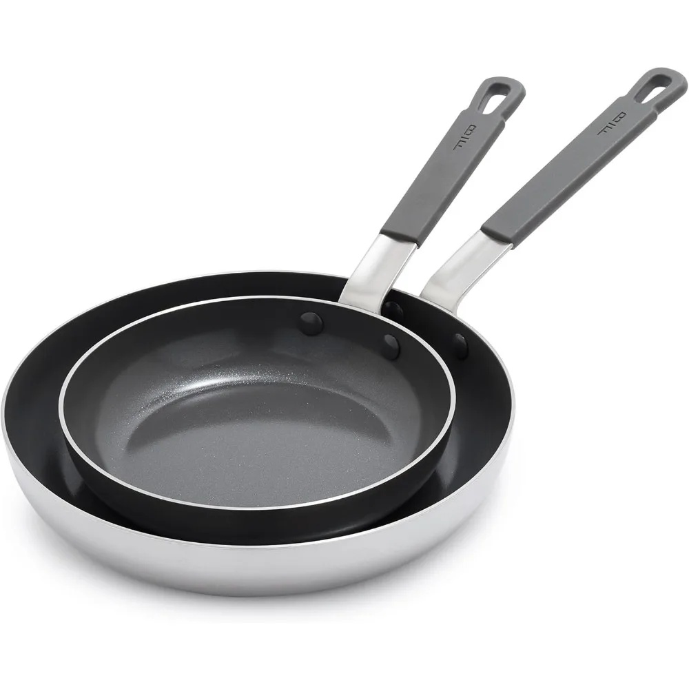 

Stainless Steel 8” & 10” Frying Pan Skillet Set, Professional Grade Tri Ply, PFAS-Free Ceramic Nonstick