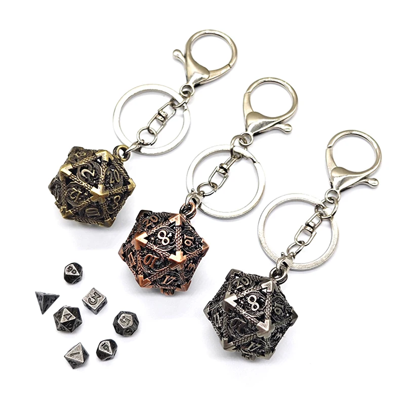 Mini 6MM Metal Flying Dragon Skeleton Dice Keychain Pendant Set Polyhedral Colors