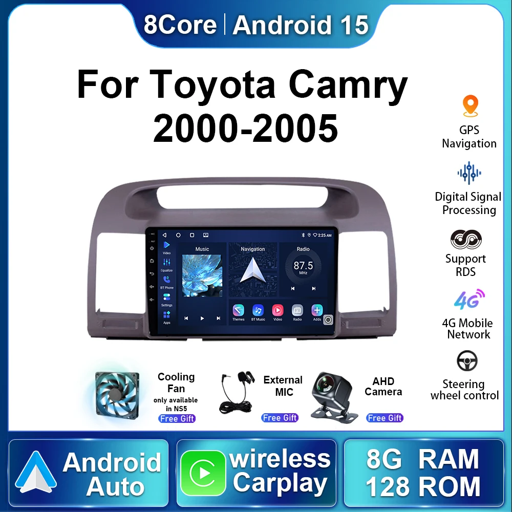 

DVR беспроводной Carplay автомобильный радиоприемник для Toyota Camry 5 XV 30 2000-2005 Android 15 авторадио мультимедийный стереоплеер навигация GPS