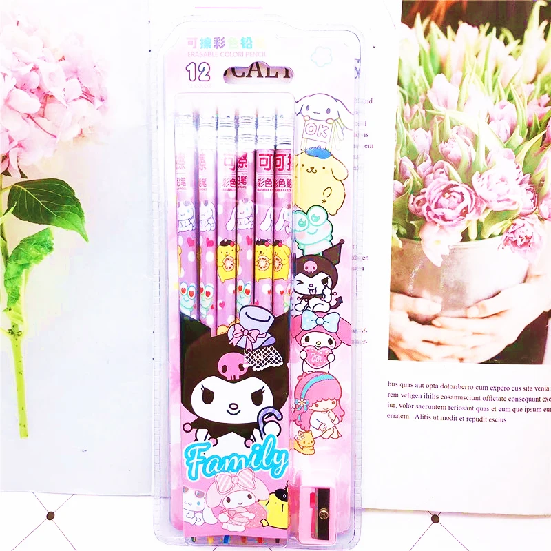 12Pcs Sanrio Color Pencils Kawaii Students Drawing Tools Anime Kuromi Melody Purin Cute Eraser Coloring Pen Kids School Gifts