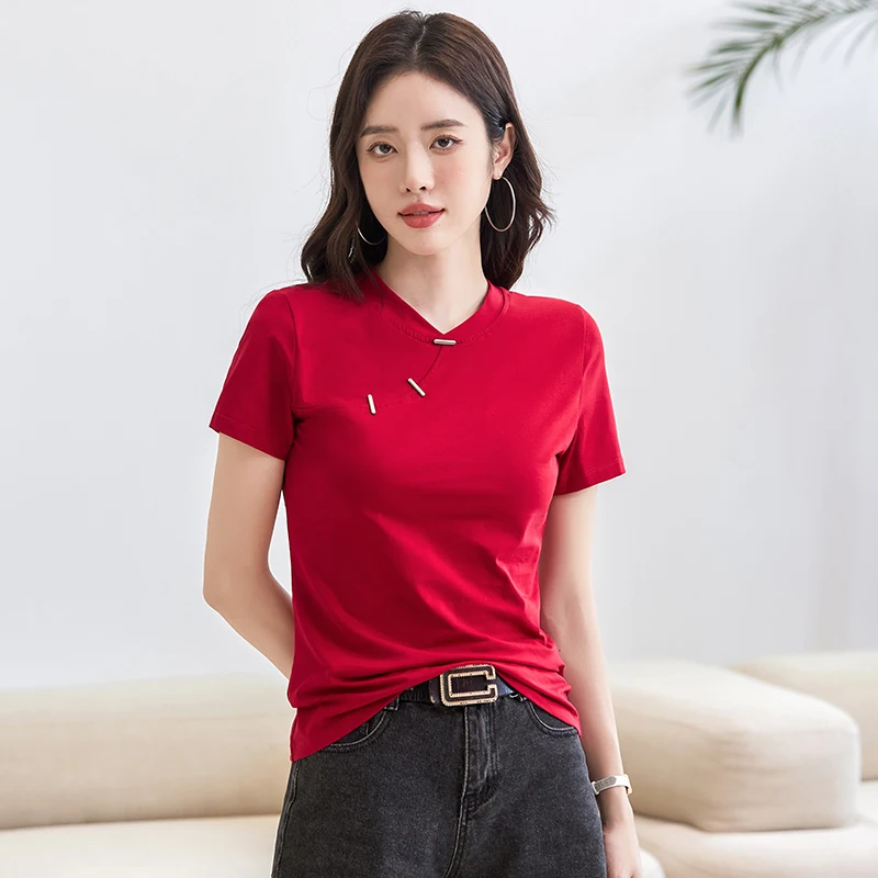 Kaus katun leher O wanita, atasan kasual lengan pendek warna polos kancing depan gaya China