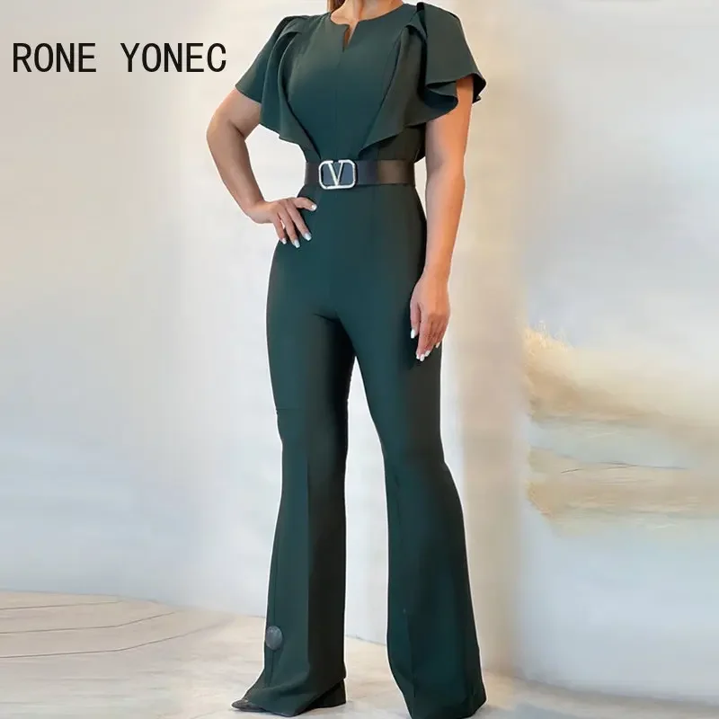 

2023 Women Elegant Solid Short Ruffle Sleeves with Belts Straight Leg Working Jumpsuit