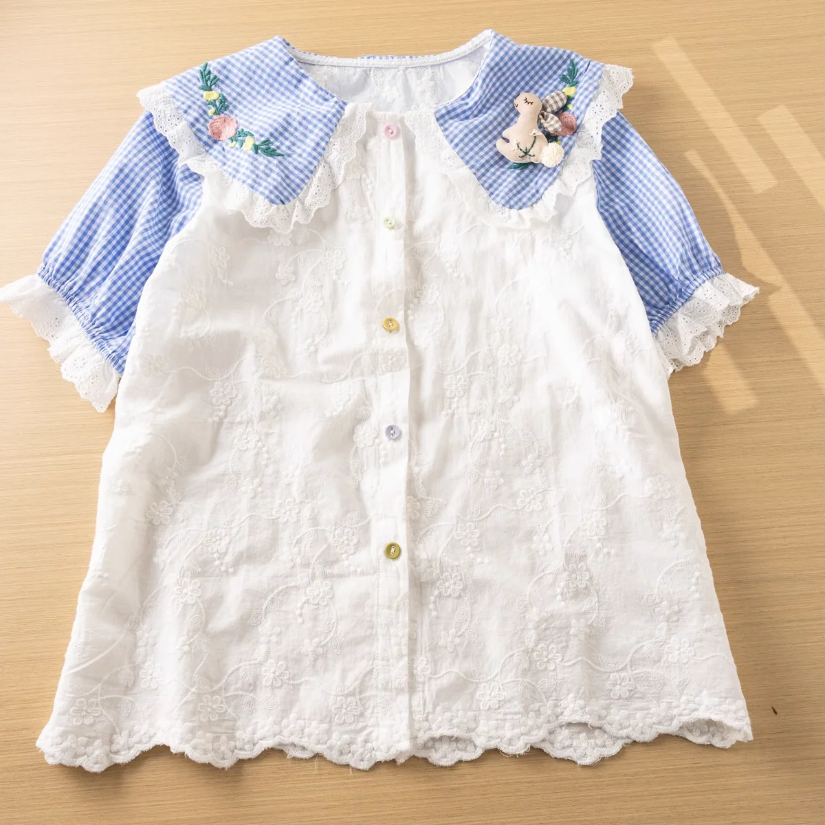 Youthful woman clothes mori girls Japanese style sweet kawaii blue plaid lace patchwork blouses women\'s short sleeve shirt