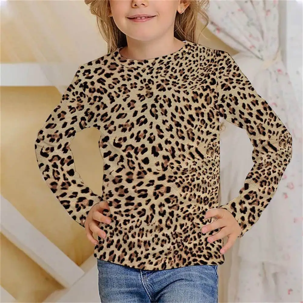 

Girls' Clothes Fashion Leopard Pattern Autumn Children's Long Sleeve T-Shirt Outdoor Casual Tops Lightweight Children's Clothing