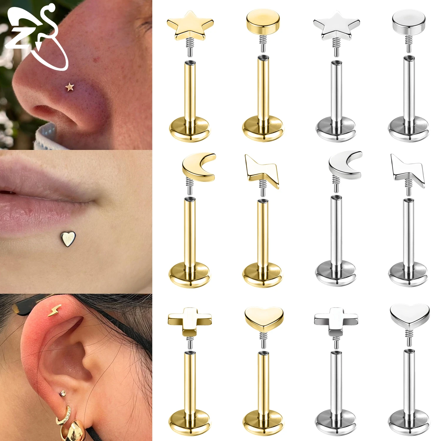 ZS 1 Stück 16G/18G lange Innengewinde Edelstahl Lippenstecker 6/8 mm Labret Piercing Kreuz Sternform Helix Knorpel Schmuck
