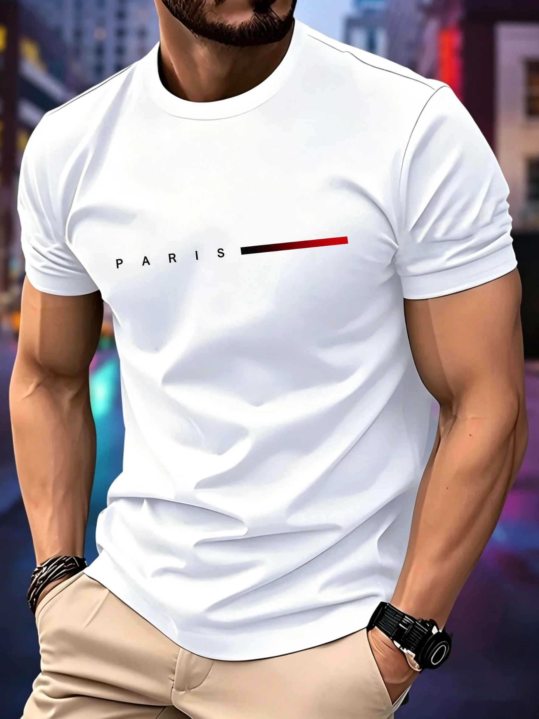 Minimal PARIS Gradient Red Stripe Graphic Quick Dry T-Shirt for Men, Breathable Moisture Wicking Lightweight 