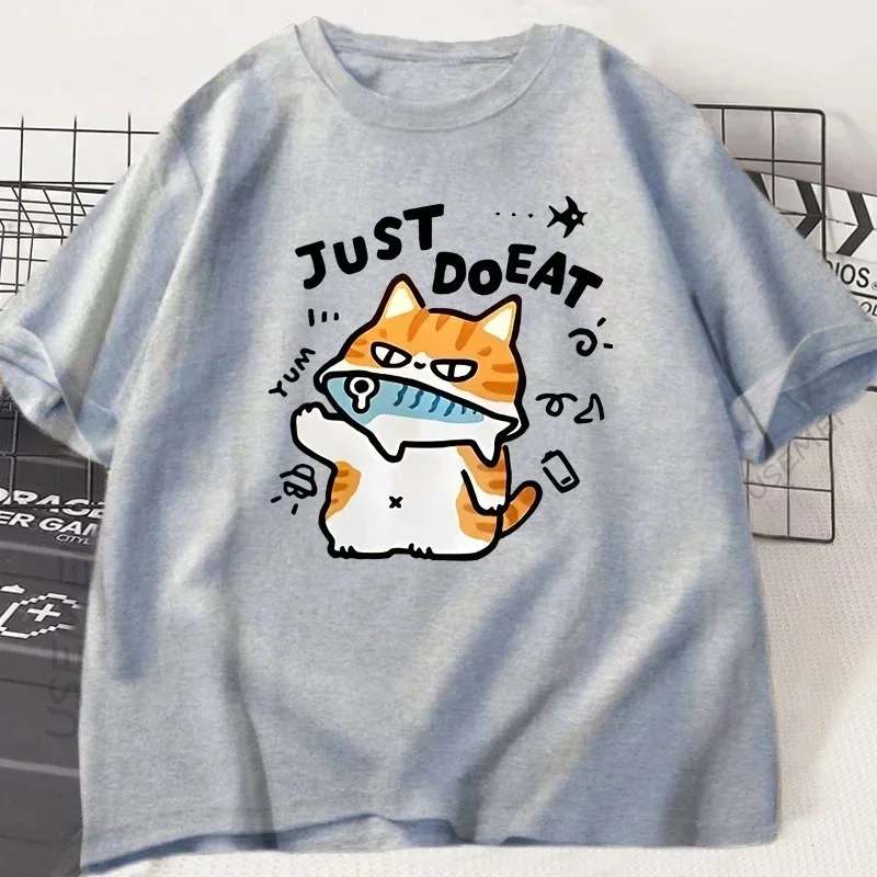 Camiseta divertida con diseño de gato Eat Fish para mujer, camisetas de verano con cuello redondo, ropa de calle para mujer, camiseta de manga corta