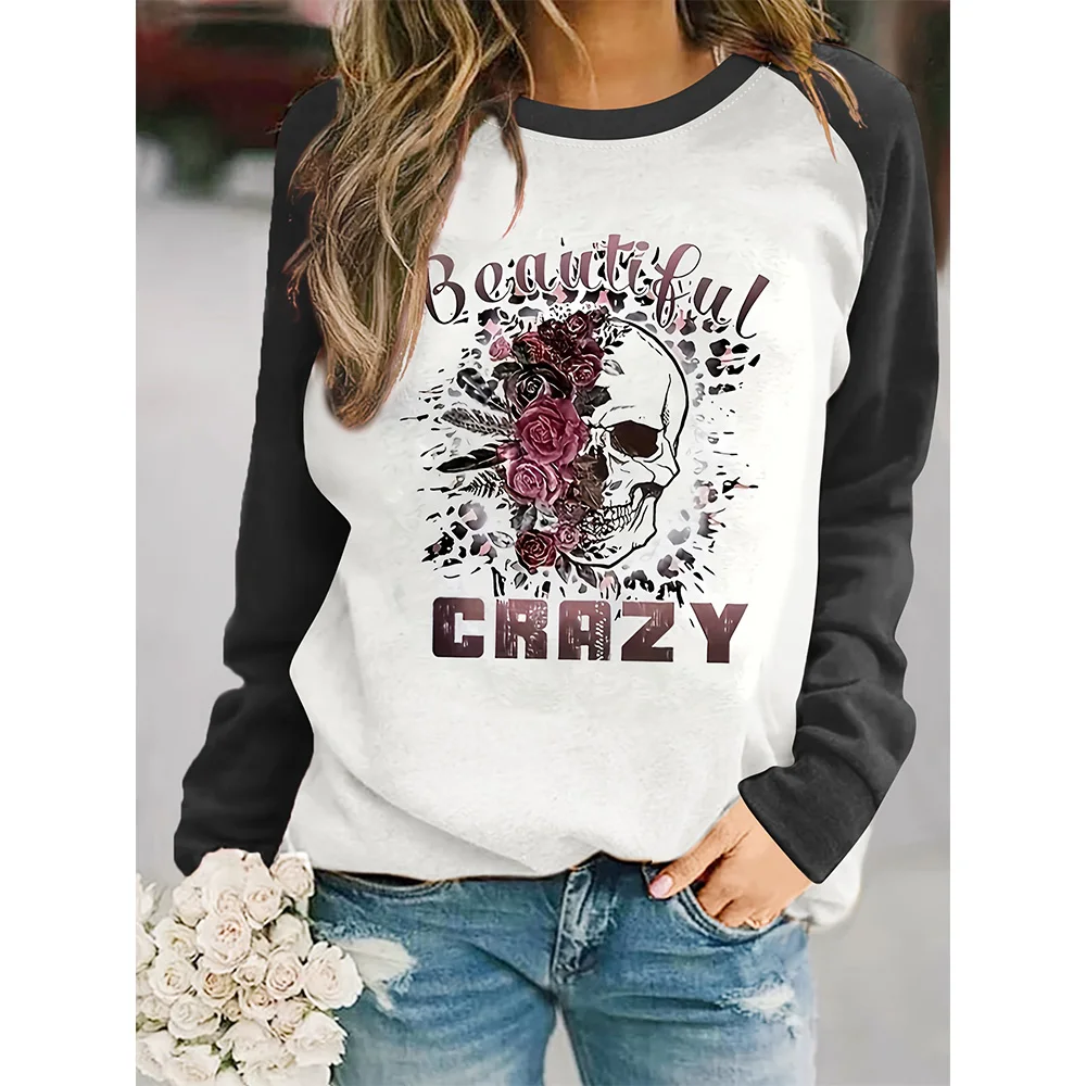 Women's Fashion Crazy and Skull Print Sweatshirt, Casual Long Sleeve Round Neck Sweatshirt, Women's Clothing Casual Sweatshirt