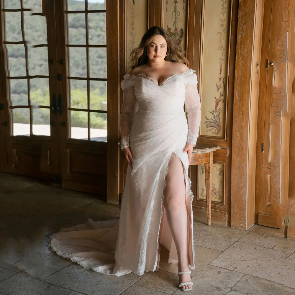 Vestido de novia de encaje con abertura, talla grande, para mujer, estilo sirena, escote corazón, hombros descubiertos, vestidos de novia civil 2026, personalizadoVestido de novia con corte sirena, escote corazón y hom