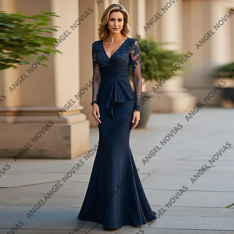 

Long Sleeves Navy Blue Mermaid Vintage Customized Mother of the Bride Dresses Wedding Party Dress Vestido Invitada Boda
