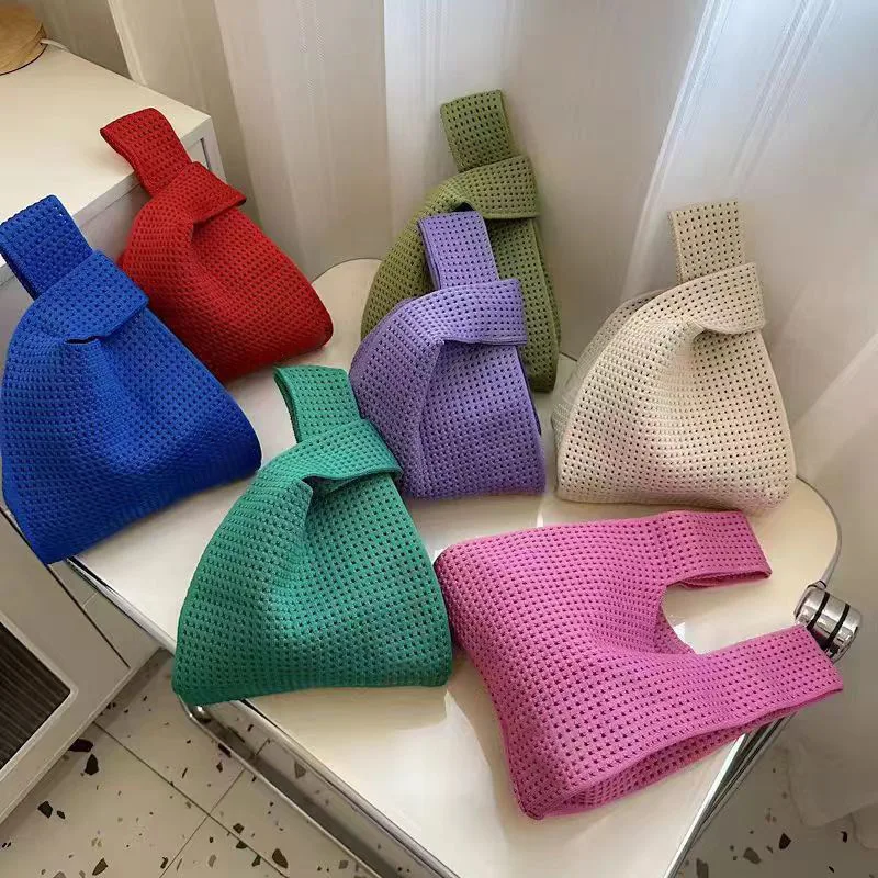

Solid Color Crochet Waffle Hollow Knitted Tote Bag Casual Beach Bags Handmade Bucket Bag Fashion Shoulder Bag For Women