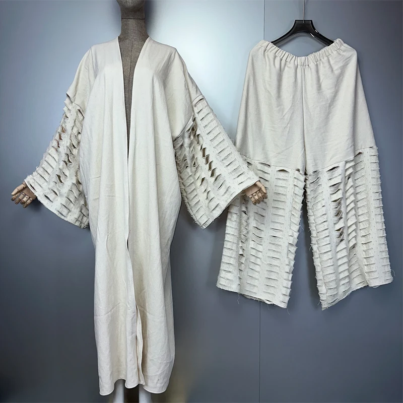 

WINYI kimonos Denim hole trousers suit women outfit Long Cardigan And Wide Leg Pant Sets Pants Suits holiday beach maxi dress