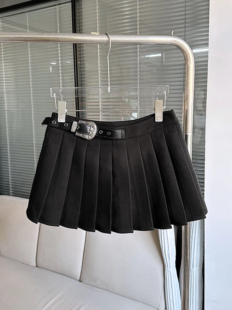 

Fashion Kpop Pleated Skirt High Waist 90s Gyaru Black A-Line Skirt Adjustable With Belt Streetwear Autumn Winter Gothic Coquette