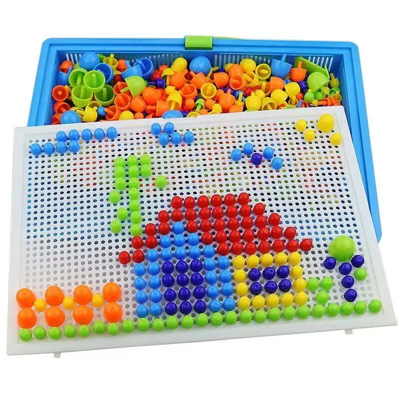 [Divertente] Fai da te Unghie a fungo Jigsaw Puzzle Gioco Creativo Mosaico Pannello forato Giocattoli educativi per bambini cestino + Pannello forato + 296 pezzi set di chiodi