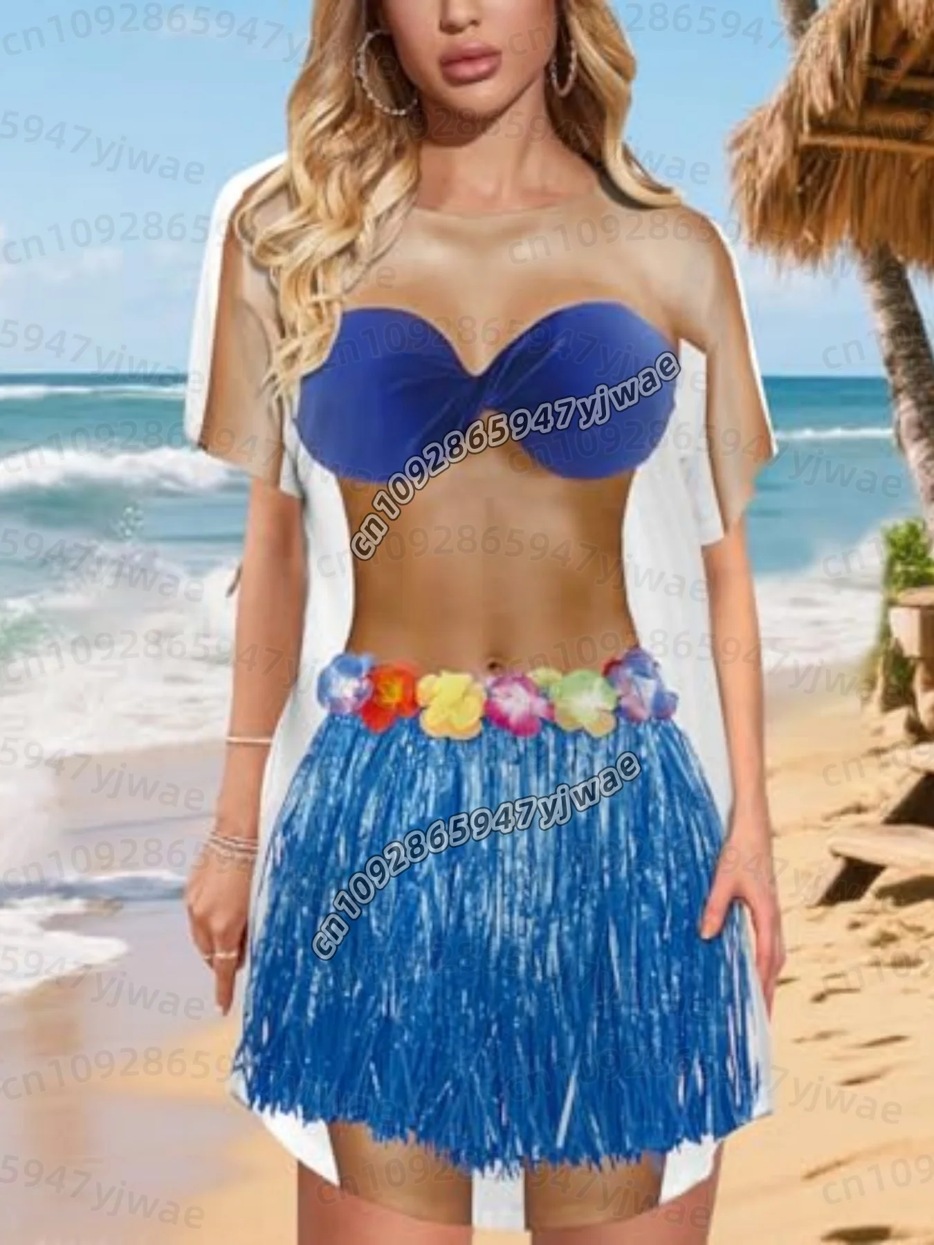 26 Sommer Damen Bikini-Überwurf, Kurzarm, Locker Geschnitten, Meerjungfrauen-Print, Party-Badeanzug-Überkleid, Damen T-Shirt-Kleid – Detail 12