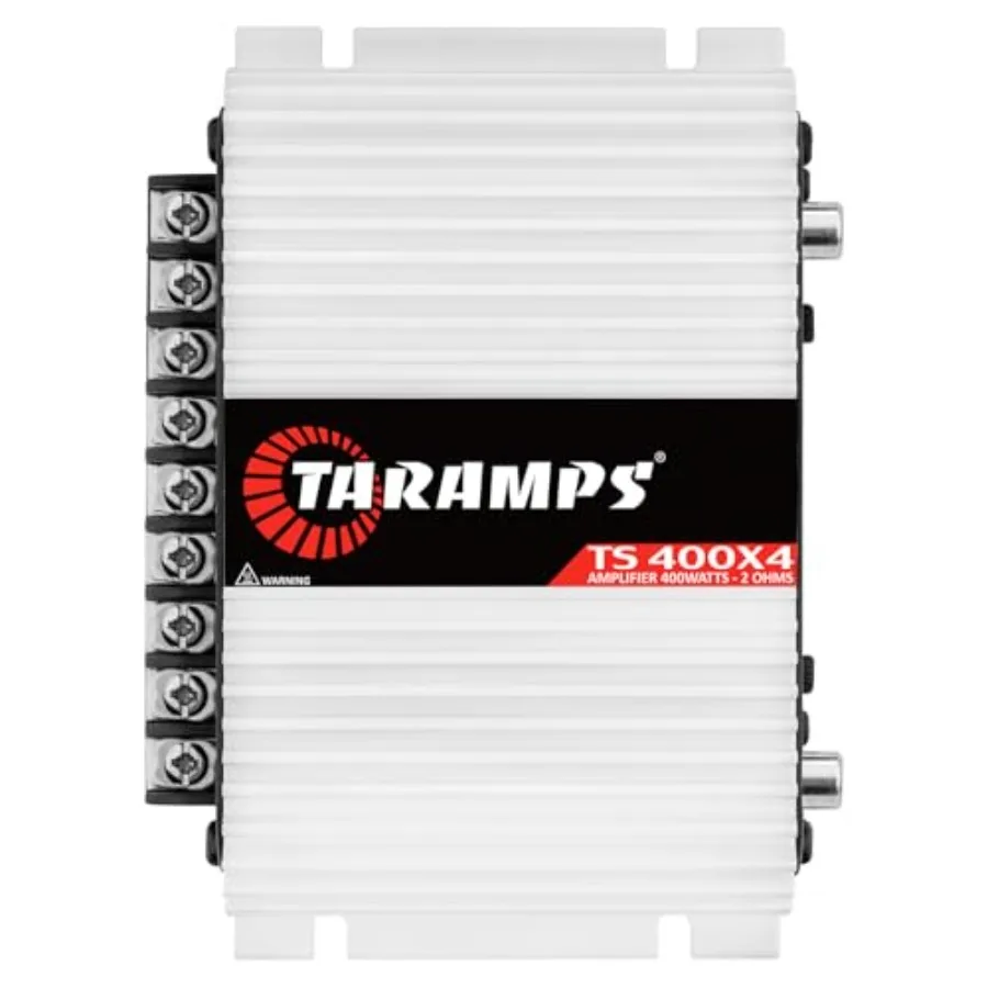 

Car audio amplifier for multichannel systems, aluminum chassis, black finish, 400 watts RMS full-range output with 2 bridged ch