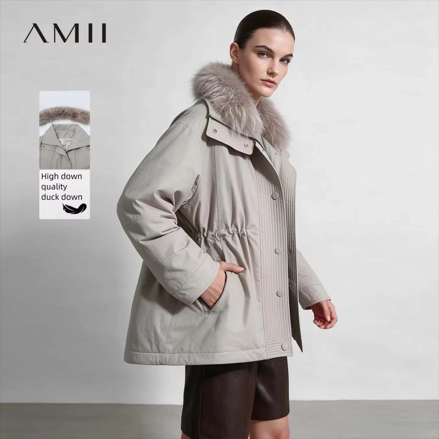 Amii Women's Winter Jacket 2026 New Warm Detachable Fur Collar Parka Down Jacket Drawstring Waist Casual Zipper Top 12654037