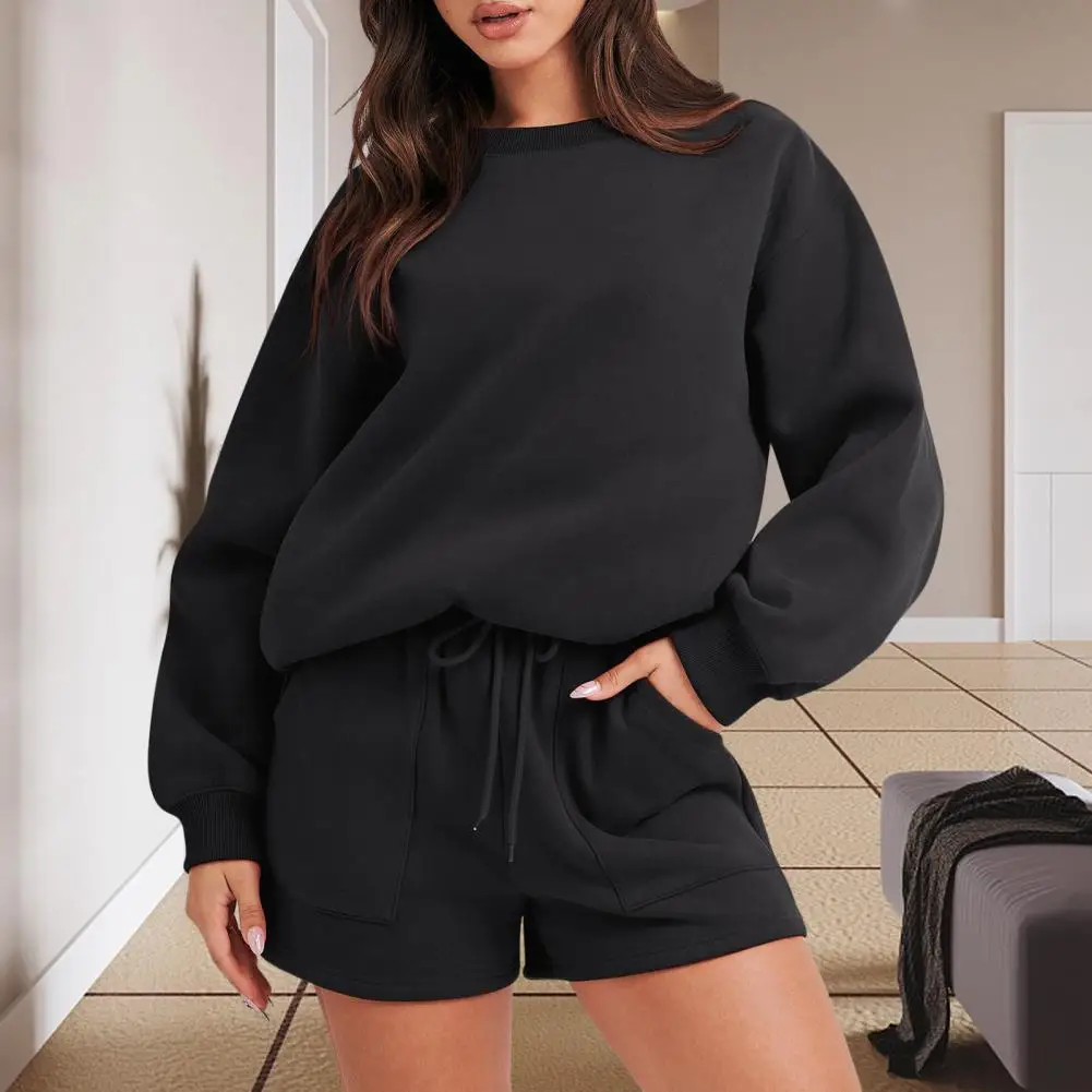 Women Sweatshirt Shorts Srt Women\'s Cozy Sweatshirt Shorts Set with Drawstring Waist Soft Pockets Casual Lounge Wear for Fall