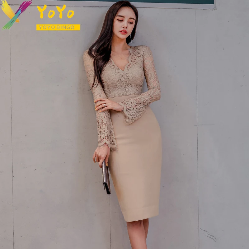 Elegant Apricot Lace Stitched Trumpet Sleeve V-neck Pencil Dresses Women Office Autumn/Winter Slim Bodycon Party Club Dress