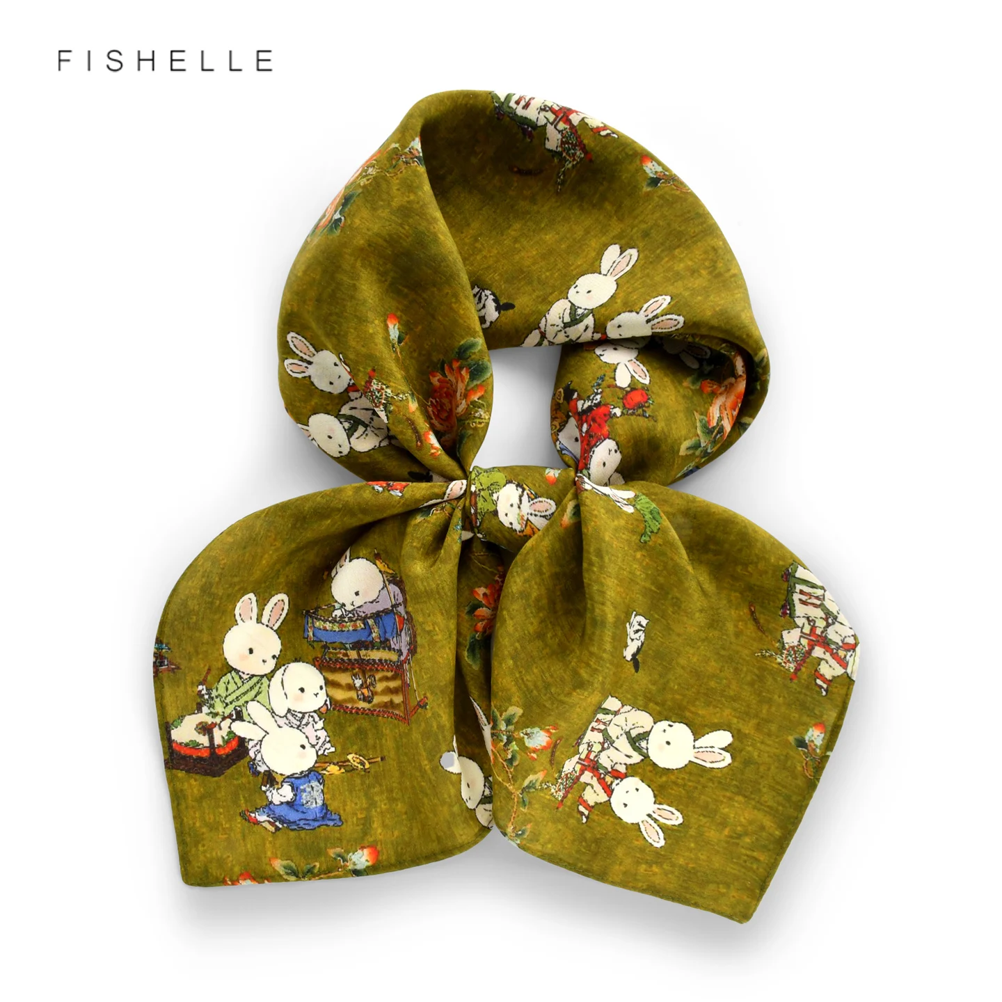 

Tea Green 100% Silk Scarf Retro Cartoon Rabbit Square Hijab Shawl Headband Women Soft Wrap Neckerchief Tie Luxury Gift