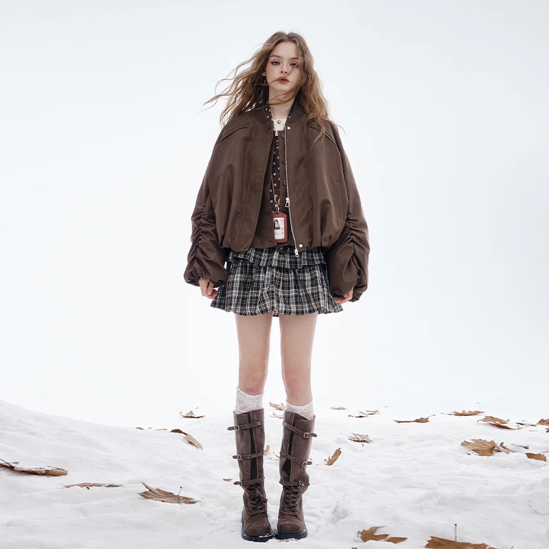 ELFSACK 2025, Winter-Neuheiten, Vintage-Stil, gestuft, Puffärmel, kurze Daunenjacke mit Rundhalsausschnitt für Damen