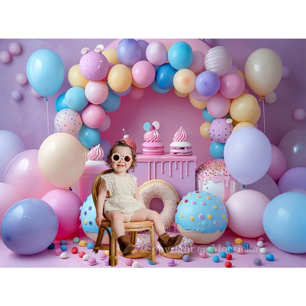 Photography Background Donut Girls Baby Show Backdrop Ice Cream Candy Grains Arch Balloon Decor Newborn Girl Cake Smash Photo