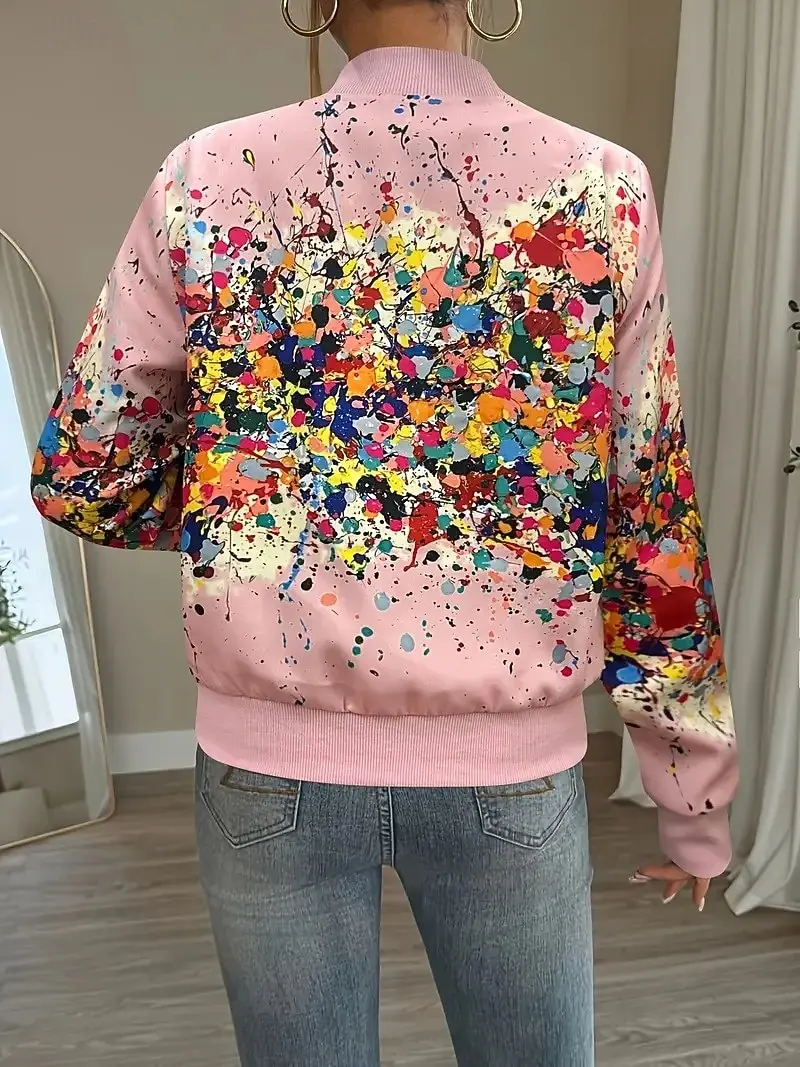 fashion Women's Floral Baseball Jacket, Quick Dry  Fabric, Zipper Pocket Design, Elegant Fall Casual Style