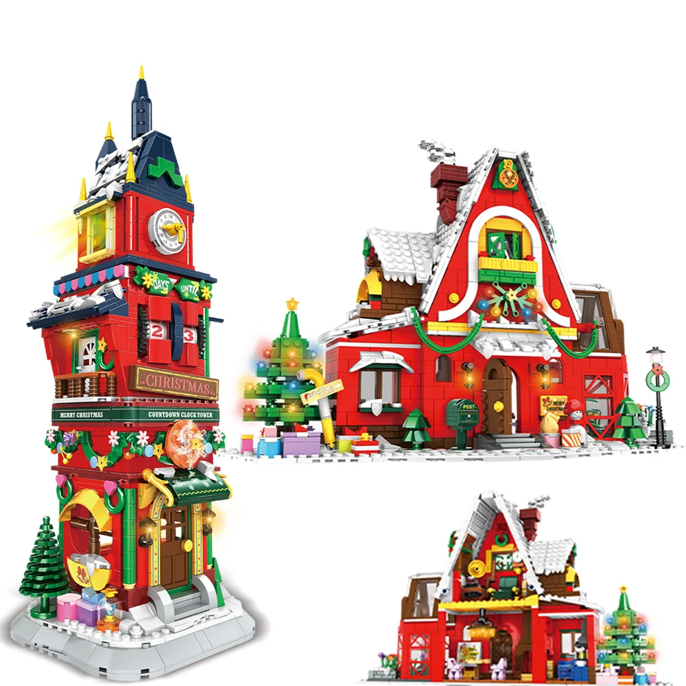 Ciudad creatividad invierno pueblo Nochebuena cuenta regresiva torre modelo bloques de construcción juguetes para niños regalo de Navidad