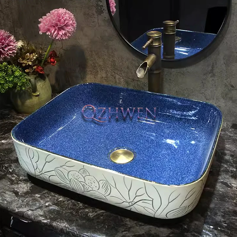 46/38/47cm Chinese Style Ceramic Washbasin Single-hole Bathroom Sink Blue Lotus Large Countertop Art Basin Square Vessel Sink