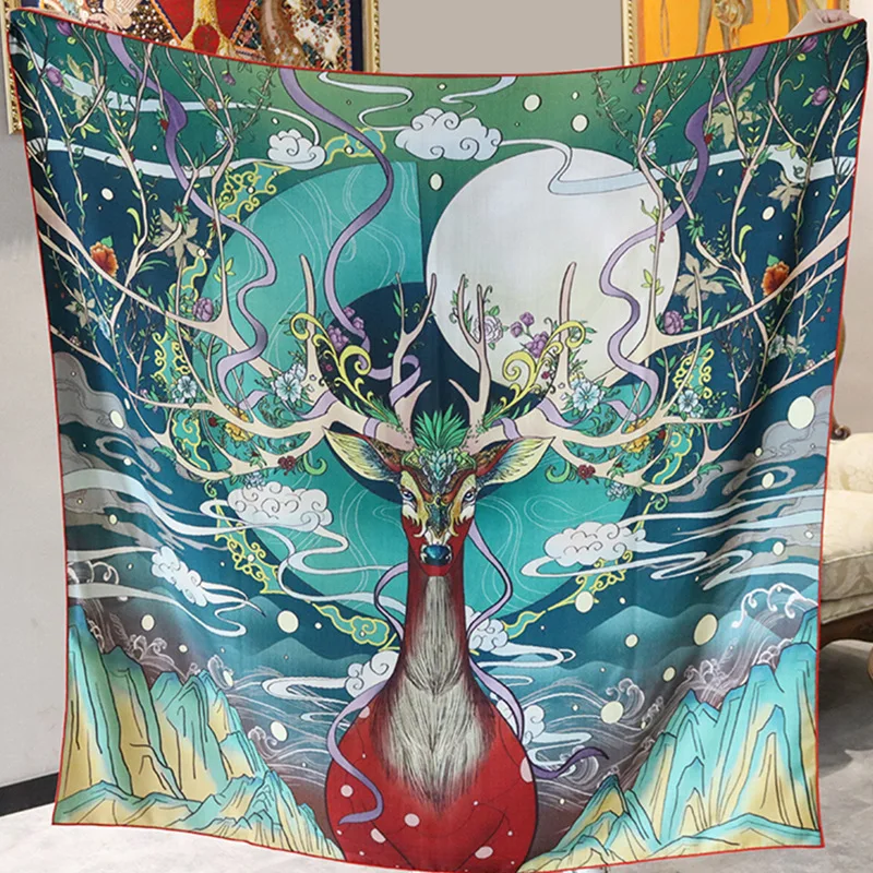 

High-end Elegant Women Exquisite Auspicious Deer Double-sided Print Quality Silk Wool Hand-rolled Edge Large Square Scarf Shawl