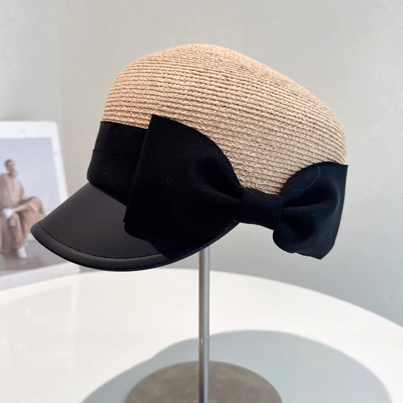 Light luxury fashion Japanese leather brim raffia patchwork bow equestrian hat women's summer outdoor sun shade straw hat