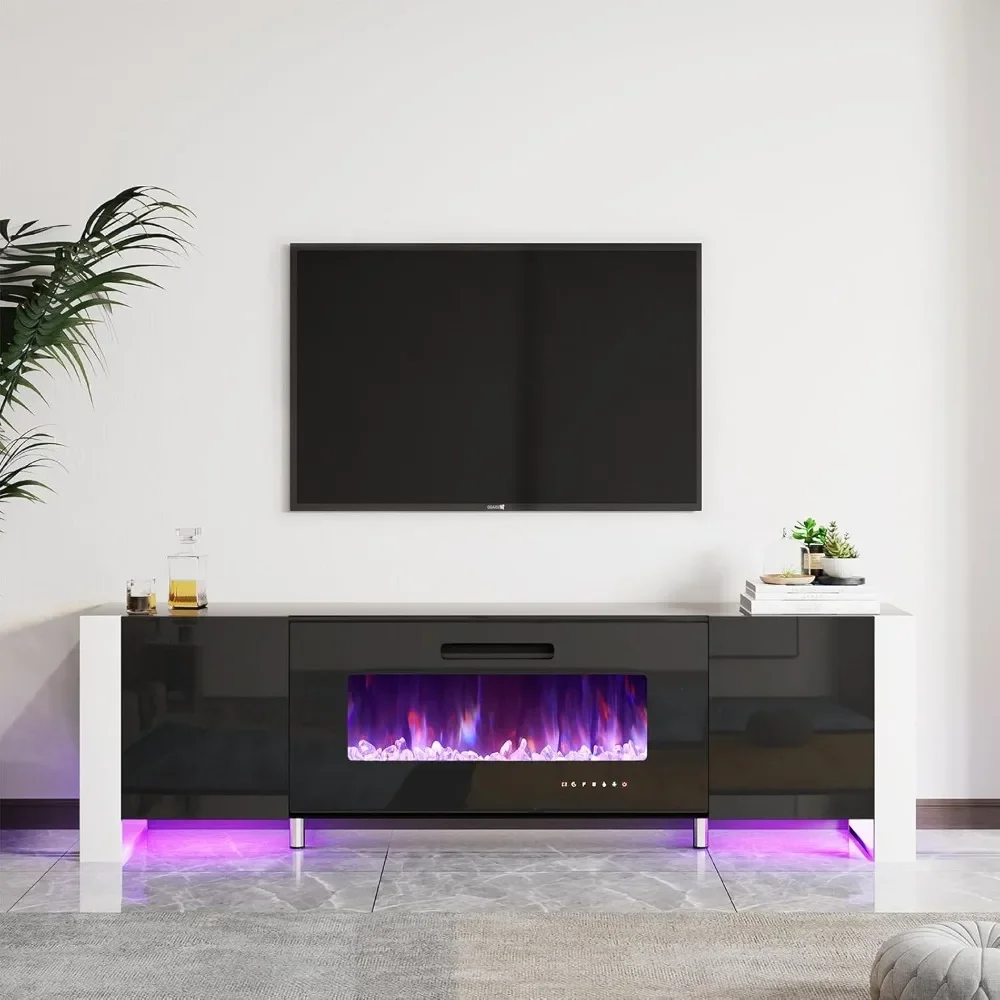 Fireplace TV Stand with  Fireplace, Modern High Gloss Entertainment Center LED Lights