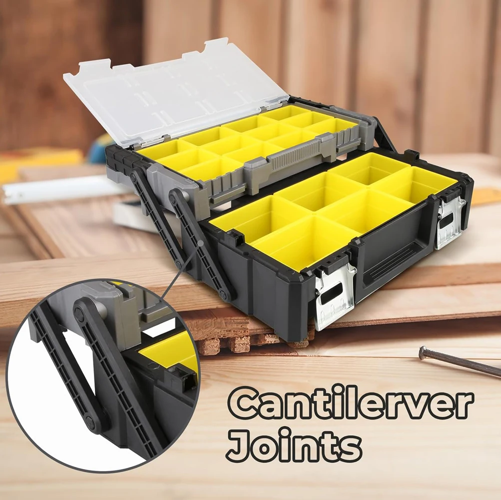 18 Inch Portable Plastic Cantilever Tool Box Organizer with Removable Compartments  for Hardware Assorted Nails Dowels Washers