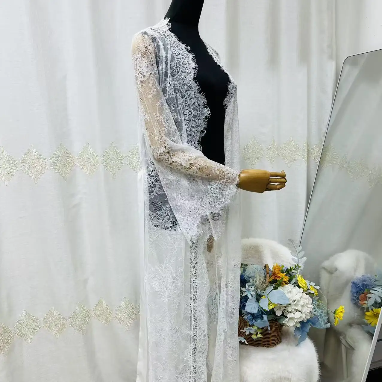 Elegant Full-Length Lace Embroidered Robe for Women Bridal Morning Boudoir Lingerie Lounge Kimono Female White Nightwear Pajamas image 4