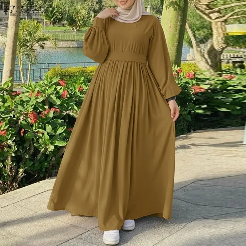

Элегантное мусульманское платье-абайя ZANZEA 2026 для женщин, с длинными рукавами-фонариками, исламская роба, элегантное однотонное плиссированное платье А-силуэта для вечеринок, Vestido