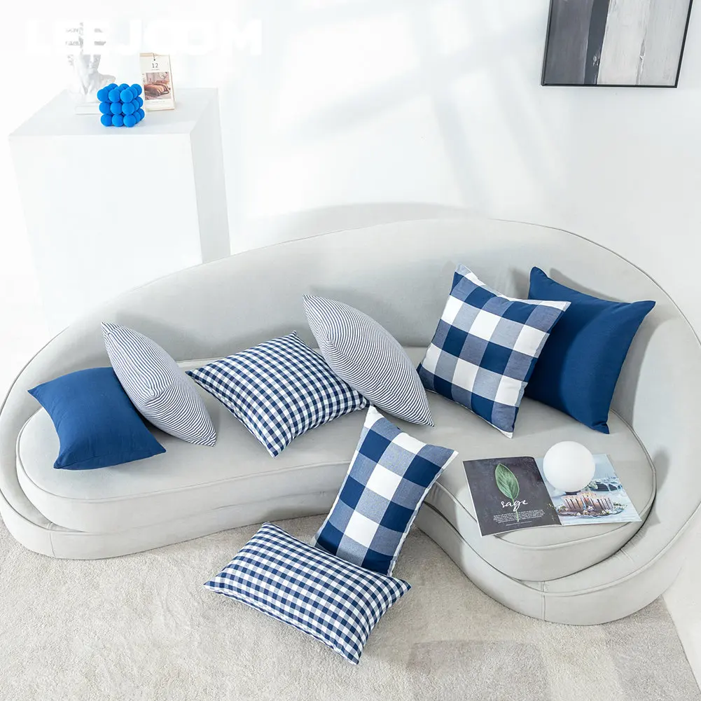 LEEJOOM Nordic Style Cushion Covers Checkered Stripe Pillowcase Blue Series Decor Home Decor Sofa Office Car 45x45cm/30x50cm