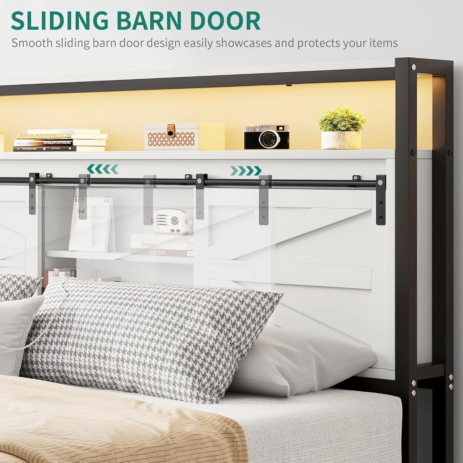 Farmhouse Queen Bed Frame com Armazenamento Estante Cabeceira, Plataforma Cama Frame com Luzes LED e Estação de carregamento, Branco