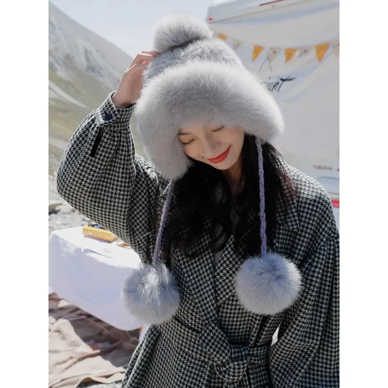 Sable hair ear protection fur Lei Feng hat women's winter fur warm mink hair woven bag head hat fox hairball