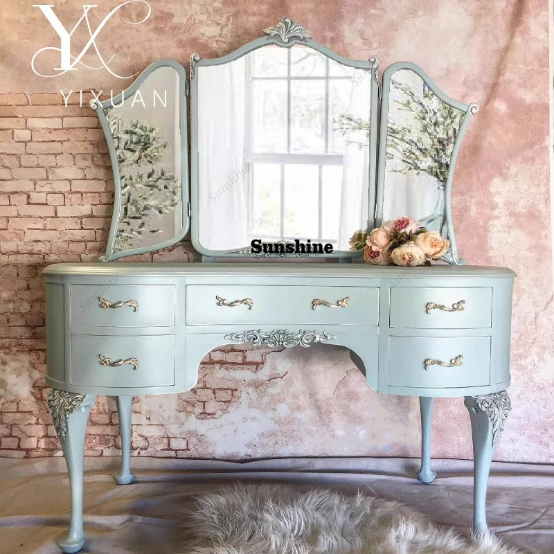 

French retro solid wood engraving makeup table, modern princess style home use, combination furniture customization