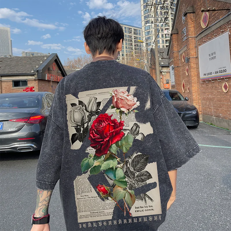 Gewaschene Rose Print T-Shirt Retro Mode Fünf-Viertel-Ärmel lose lässige kurz ärmel ige Herren-und Damen oberteile