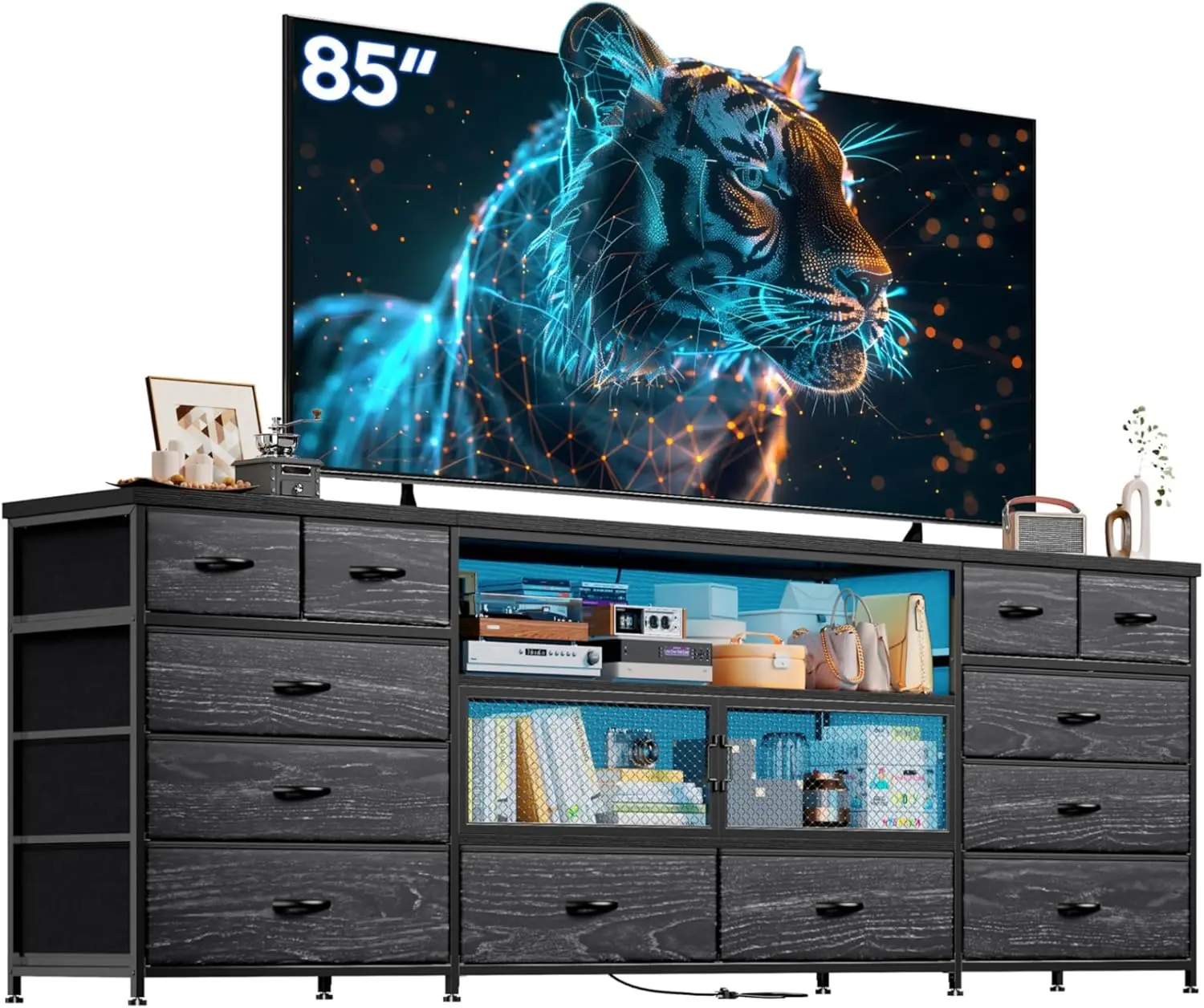 Enhomee 85/80/75 Inch Tv Stand For Bedroom With Led & Charging Station Large Tv Console With Open Shelf & Mesh Door 71