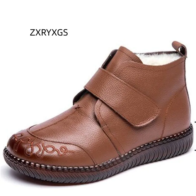 ZXRYXGS Sales Promotion Winter Shoes Woman New Real Leather Wool Boots Flat Soft Sole Non-slip Wear Comfort Warm Snow Boots 2024